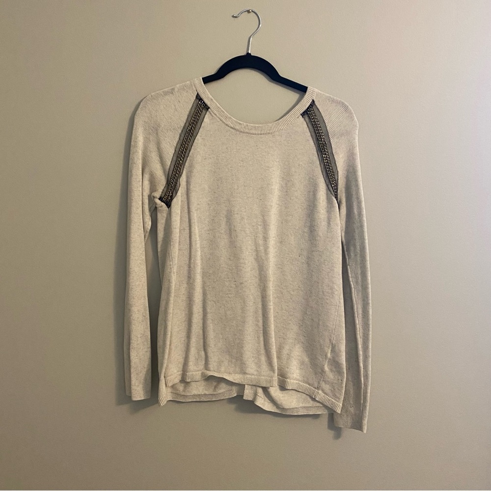 Rachel Roy Sweater with Chain and Black Mesh Details. Open Back